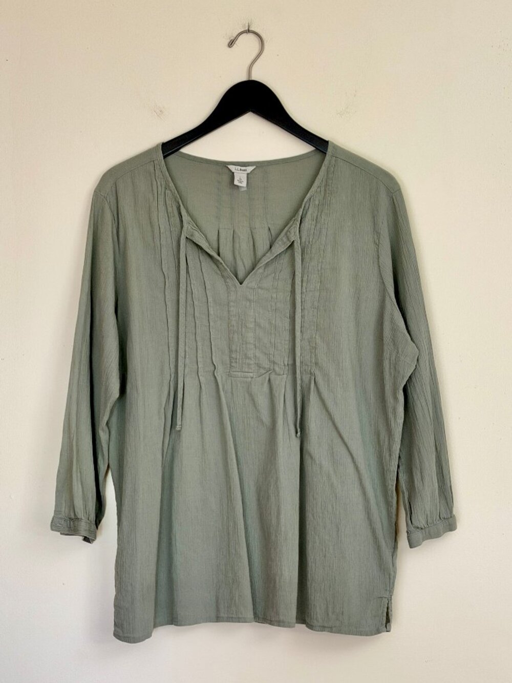 L.L.Bean Sage Green Cotton Gauze Pintuck Peasant Blouse Top - Size L